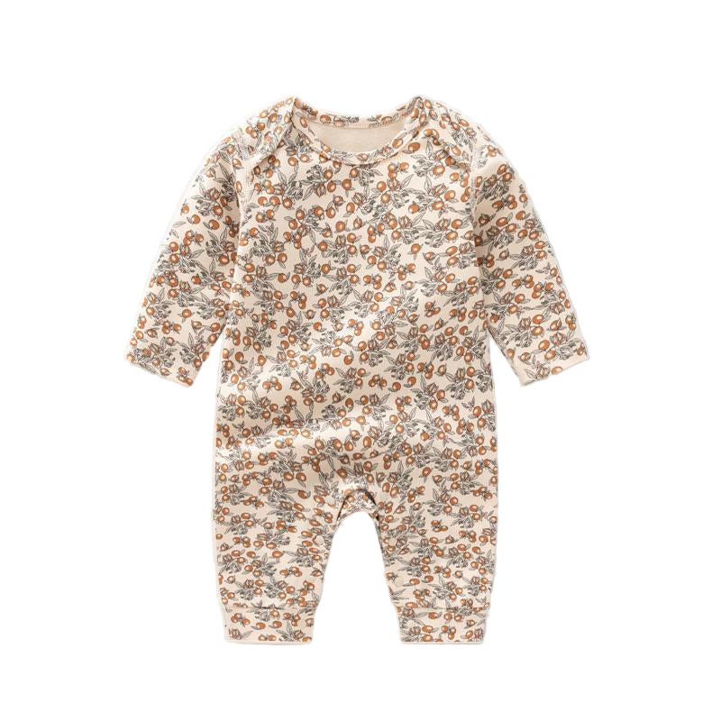 Floral patterned baby onesie on a light gray background