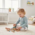 Child playing with wooden blocks in a bright, child-friendly room.